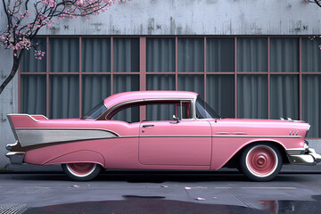 a pink car parked in front of a building