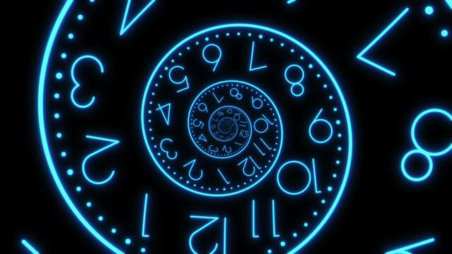 Modern simple blue neon glows infinite spiral clock face seamless animation. Surreal office watch twisted time motion graphic concept
