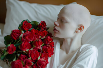 Outrageous albino woman embracing individuality with scarlet rose bouquet