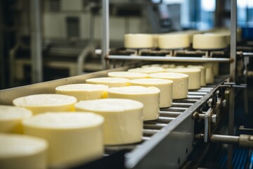 Modern dairy production line with cheese moving on conveyor belt in factory facility