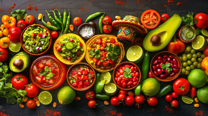 A table full of food with a variety of vegetables,fruits and appetizers mexican cuisine. Concept traditional mexican food