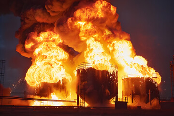 Intense fire and explosion at oil refinery storage tanks with sparking flames
