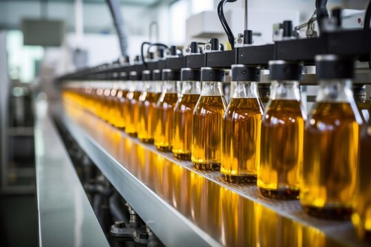 Clean factory bottling line of beverages in plastic bottles for efficient production