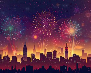 A dramatic fireworks display over a city skyline at night symbolizing celebration and excitement