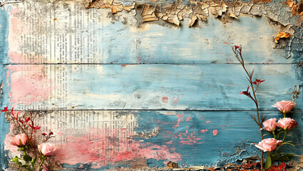A blue pink antique background with cracks, old newspapers and flowers. Vintage background space for text
