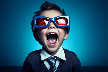Cheerful child enjoying popcorn and wearing 3d glasses while laughing and watching a hilarious movie