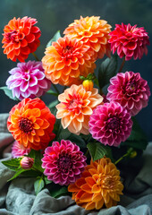 A bouquet of colorful dahlias. Gardening and Flowering. - obrazy, fototapety, plakaty