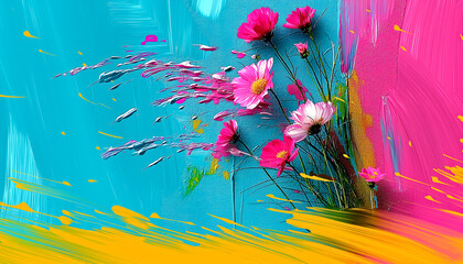 A painting of a bunch of pink flowers on a blue background. Abstract interpretation of nature