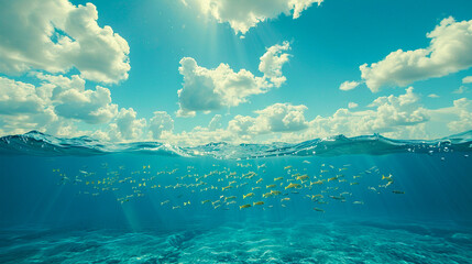 Underwater view with a school of fish swimming beneath the ocean's surface against a sky with clouds - obrazy, fototapety, plakaty