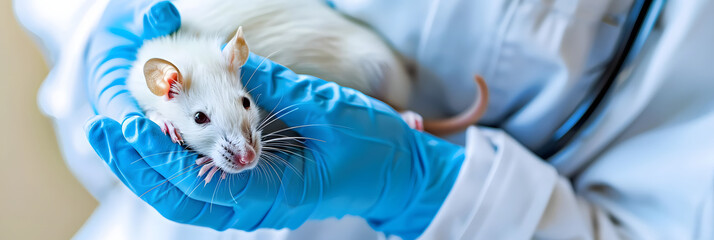 veterinarian holding rat in blue rubber gloves for examination in clinic, - obrazy, fototapety, plakaty