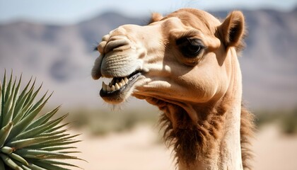 A Camels Teeth Grinding On A Tough Desert Plant - obrazy, fototapety, plakaty