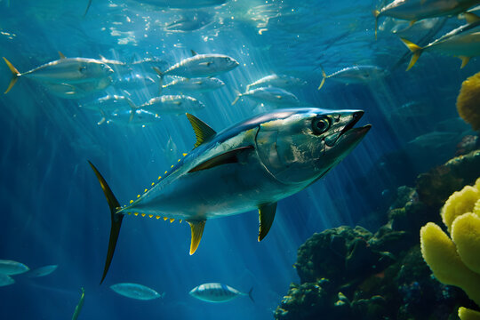 Fish in the ocean, blue water in free swimming. Concept template for international tuna day, advertising, educational photos