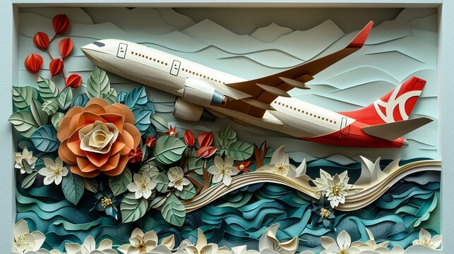 An illustrated scene where a bold red and white airplane soars effortlessly over a lush 3D paper cut 