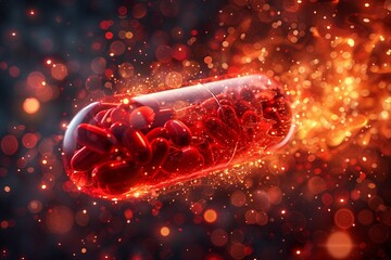 Falling red pill group antibiotic capsules in motion - obrazy, fototapety, plakaty