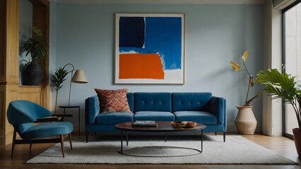 modern living room with sofa,A blue couch and chair sit under a large painting in a living room.