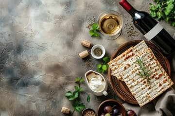 Passover meal setup, showcasing matza, wine, and elegant dishware on a textured grey canvas, accented with cream cheese, grapes, and fresh greens from a top view. Generated AI - obrazy, fototapety, plakaty
