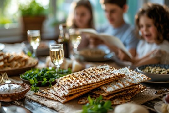 Passover feast concept: A side view of well-appointed table featuring traditional matza, dishes, with a soft-focus gathering of relatives celebrating behind. Generated AI