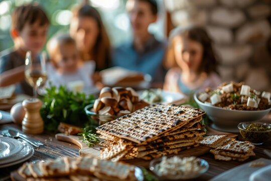 Picture illustrating family's Passover observance. Detailed with opulent table setting, including traditional food, greenery, complemented by restaurant environment with celebrating kids. Generated AI