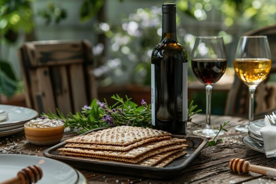 Passover feast at a bistro setting. Image shows a lavish spread with matza, wine, and fresh herbs, set against chic café chair. Generated AI