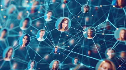 Virtual meeting concept, showcasing a network of circles with diverse user avatars connected by digital lines, symbolizing online collaboration and communication.