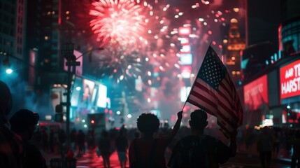 People holding USA flag, city fireworks backdrop, July 4 - USA Independence Day