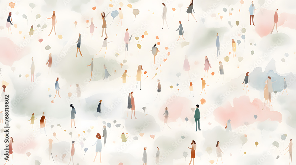 Canvas Prints Crowd, a lot of small human figures silhouette on a white background watercolor illustration