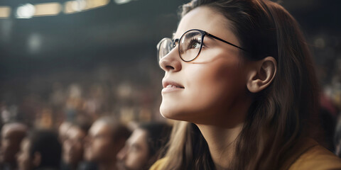 Concentrated woman with glasses watches sports game at stadium closeup. Fan enjoys team game during...