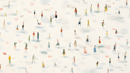 Fototapeta na wymiar Crowd, a lot of small human figures silhouette on a white background watercolor illustration