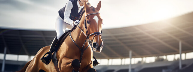 Female equestrian athlete at riding hippodrome arena with brown horse on sunny day outdoor.