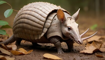 An Armadillo With Its Shell Covered In Mud And Lea - obrazy, fototapety, plakaty