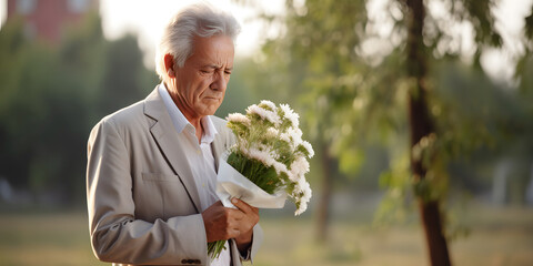 Story of lonely gray haired senior man who holding bouquet of white flowers. Widower person on  anniversary of death of loved one - obrazy, fototapety, plakaty