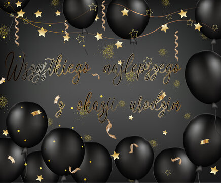 kartka lub baner z życzeniami urodzinowymi w kolorze złotym na czarno-szarym gradientowym tle, a dookoła czarne wężowe balony i złote gwiazdki