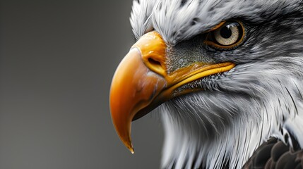 A closeup shot of the bald eagle's intense gaze, showcasing its powerful beak and piercing eyes, - obrazy, fototapety, plakaty
