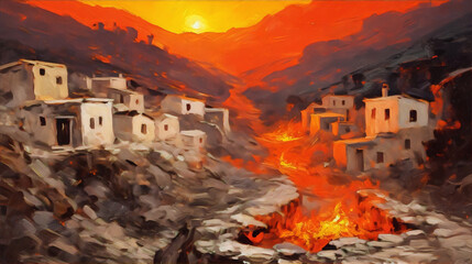 Oil painting of a village on a cliff with a volcano eruption in the background - obrazy, fototapety, plakaty