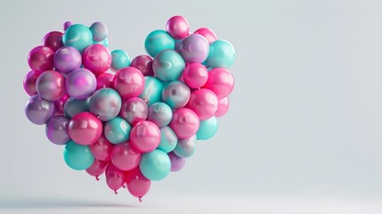 a clean, bright promotional banner focusing on a central heart made from 3D-rendered balloons in pink, violet, and turquoise.