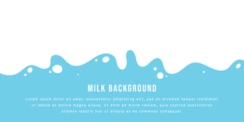 Modern poster fresh milk with splashes on a light blue background. Vector illustration in flat minimalistic style