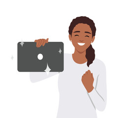 Young woman holding a new laptop computer. Flat vector illustration isolated on white background