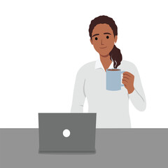 Young woman holding coffee while looking at laptop. Flat vector illustration isolated on white background