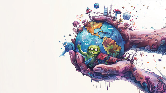 Two hands holding a globe amidst a cityscape. The city is filled with various structures, trees, and people. Earth day concept