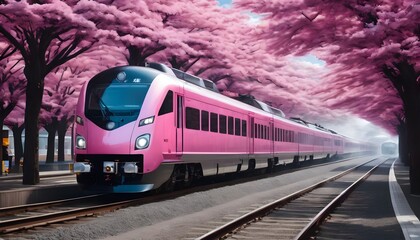 Fototapeta premium A pink train in sakura station japan, with flourishing cherry blossoms along the railway . Generative AI