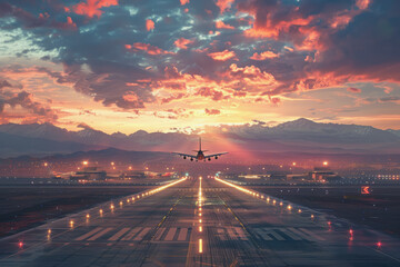 Realistic photo of an airport with an aircraft taking off. daylight - Powered by Adobe