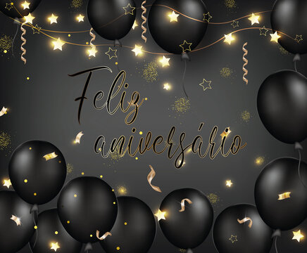 cartão ou banner para desejar um feliz aniversário em ouro em um fundo gradiente preto e cinza e ao redor de balões serpentinos pretos e estrelas douradas