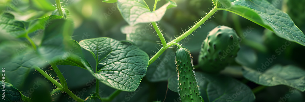 Poster Close-up of a cucumber plant in a garden, with bright green leaves and young cucumbers growing