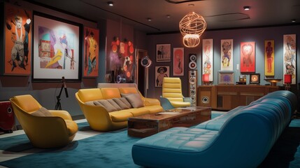 Retro home theater with vintage movie posters, marquee lighting, and funky seating