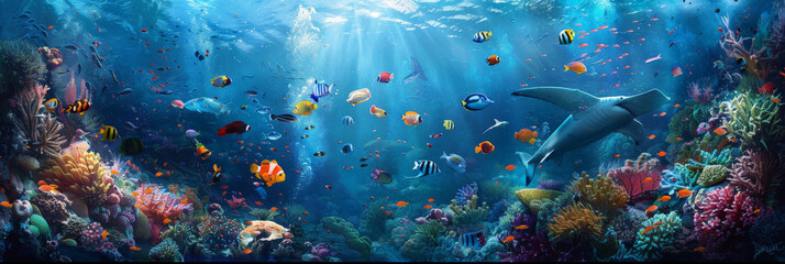 Underwater sea World with Colorful Fish,corals Reef, parrotfishs manta ray, shark, turtles, coral reefs and other marine life.  - obrazy, fototapety, plakaty