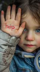 Vulnerable young girl seeking help with a message on hand. A close up showing her expressive eyes and emotional plea for assistance and support