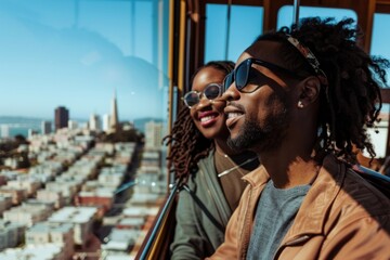 Happy African-American couple enjoying a romantic sightseeing excursion on a San Francisco cable...