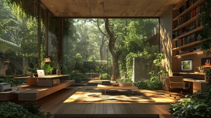 an eco-friendly virtual world that combines real forest textures with 3D sustainable living spaces, using earth tones and natural light, targeting environmentally conscious audiences. - obrazy, fototapety, plakaty