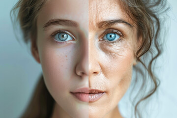 A woman's face with a blue eye and a girl's face with a blue eye. Beautiful woman's face, half young girl, half old woman. Before and after concept