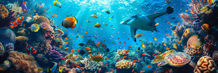 Fototapeta na wymiar Underwater sea World with Colorful Fish,corals Reef, parrotfishs manta ray, shark, turtles, coral reefs and other marine life. 